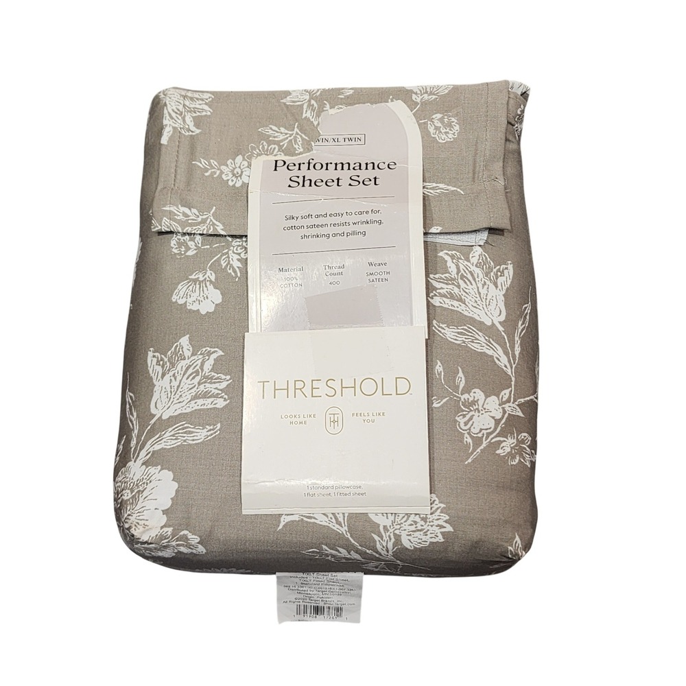 Threshold Performance 400 TC Cotton Sateen Sheet Set Twin XLT Taupe Floral 3pc
